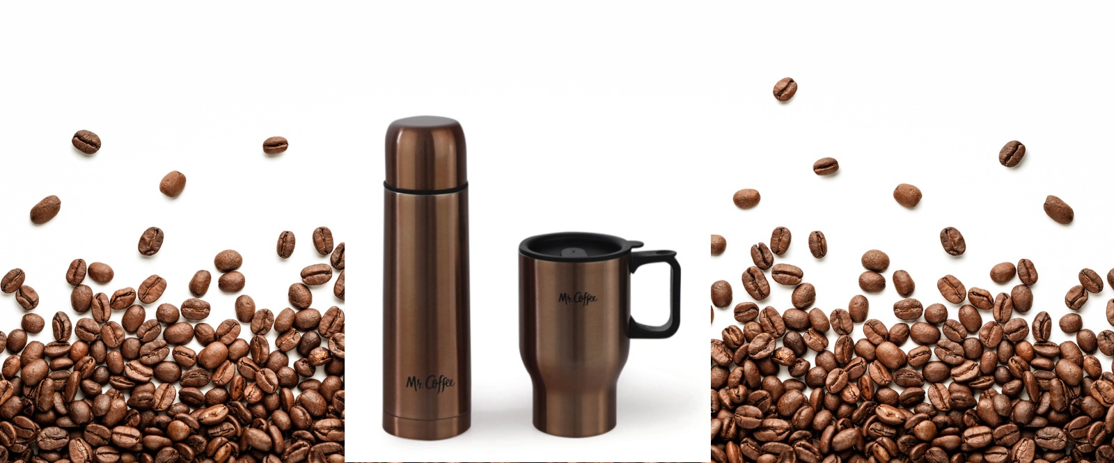 In-between two pictures of coffee beans in a picture of a brown thermos and a brown to-go coffee mug