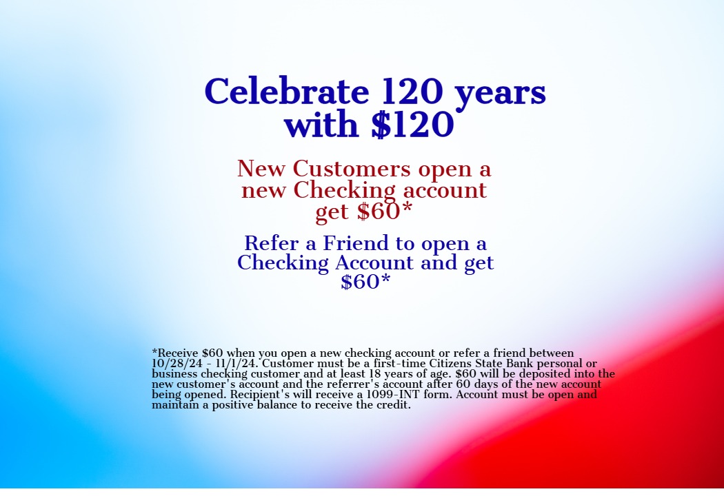 Red and Blue banner representing the get $60 for new customer's checking accounts or referring customer's for a new account. 