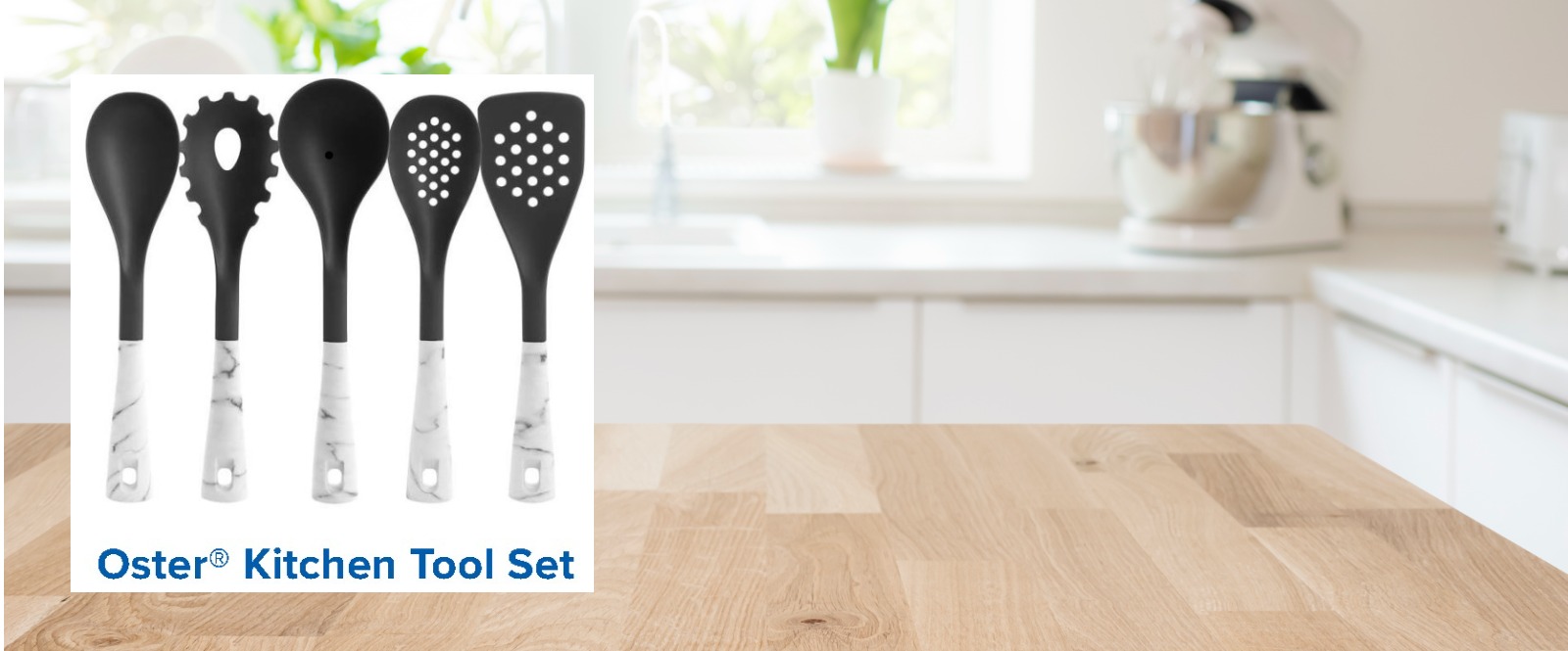 Set of Oster Kitchen tools with a blurred kitchen background. 