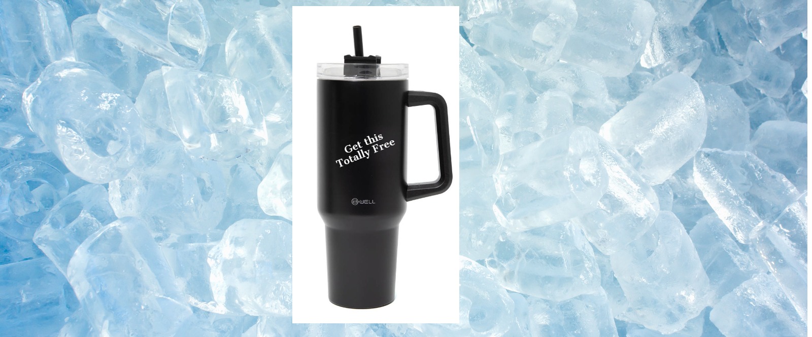 A picture of a black tumbler water bottle over a backround of ice cubes