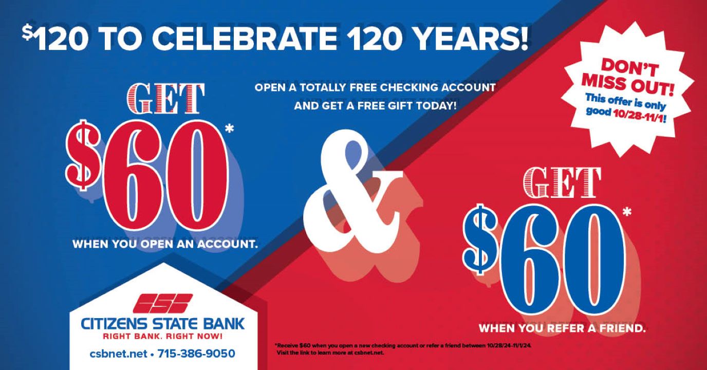 Red and Blue banner representing the get $60 for new customer's checking accounts or referring customer's for a new account. 