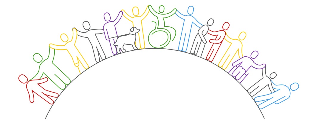 colorful sketch of diverse people in a rainbow shape