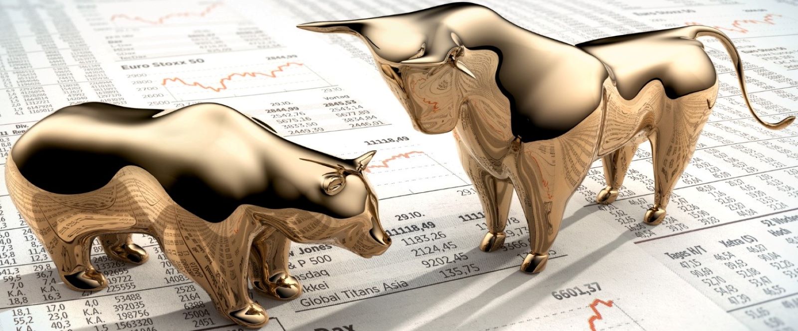 brass bull and brass bear standing on stock reports

